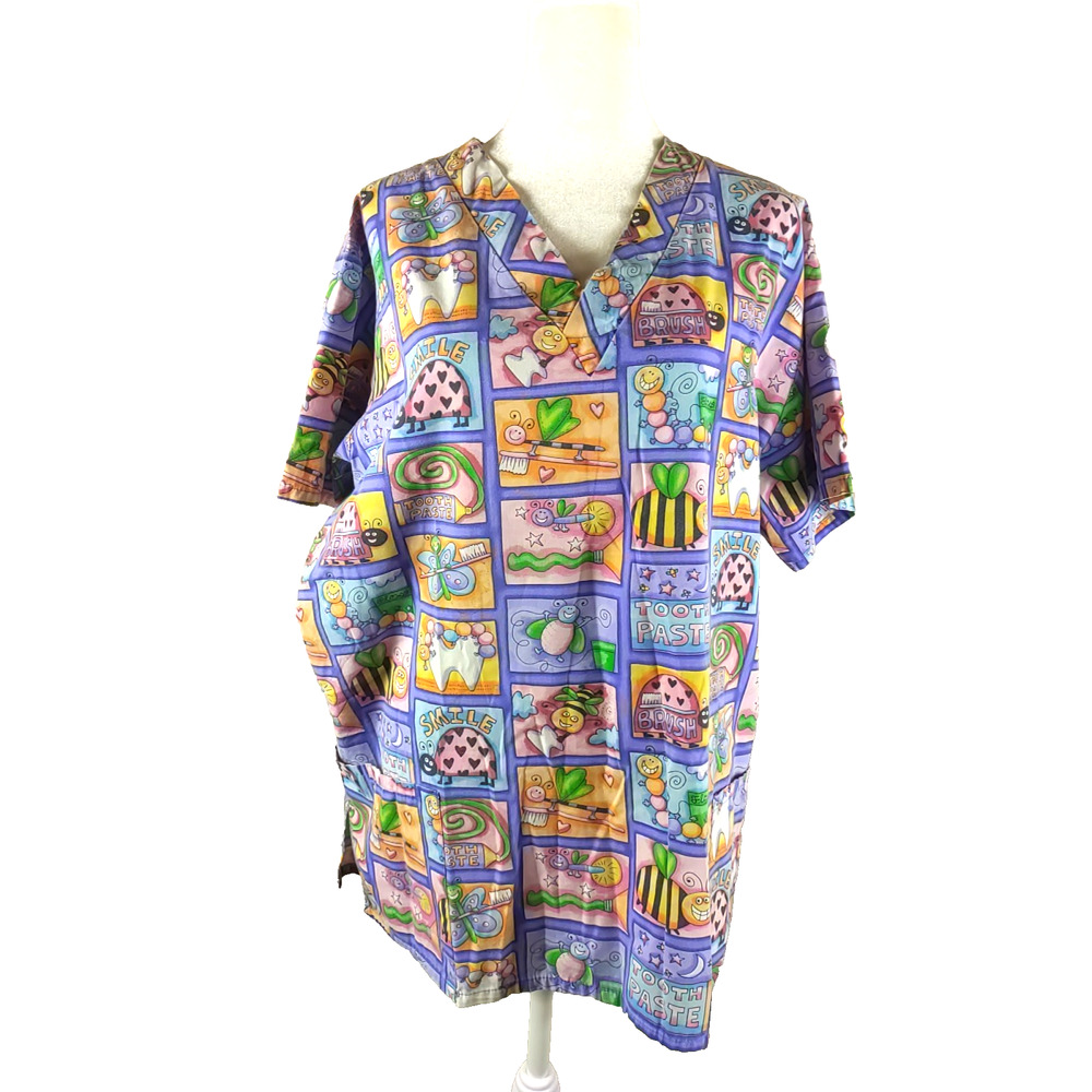 Lydia's Pro Soft Women's Scrub Top Size Large Bee's Teeth Dentist Toothpaste